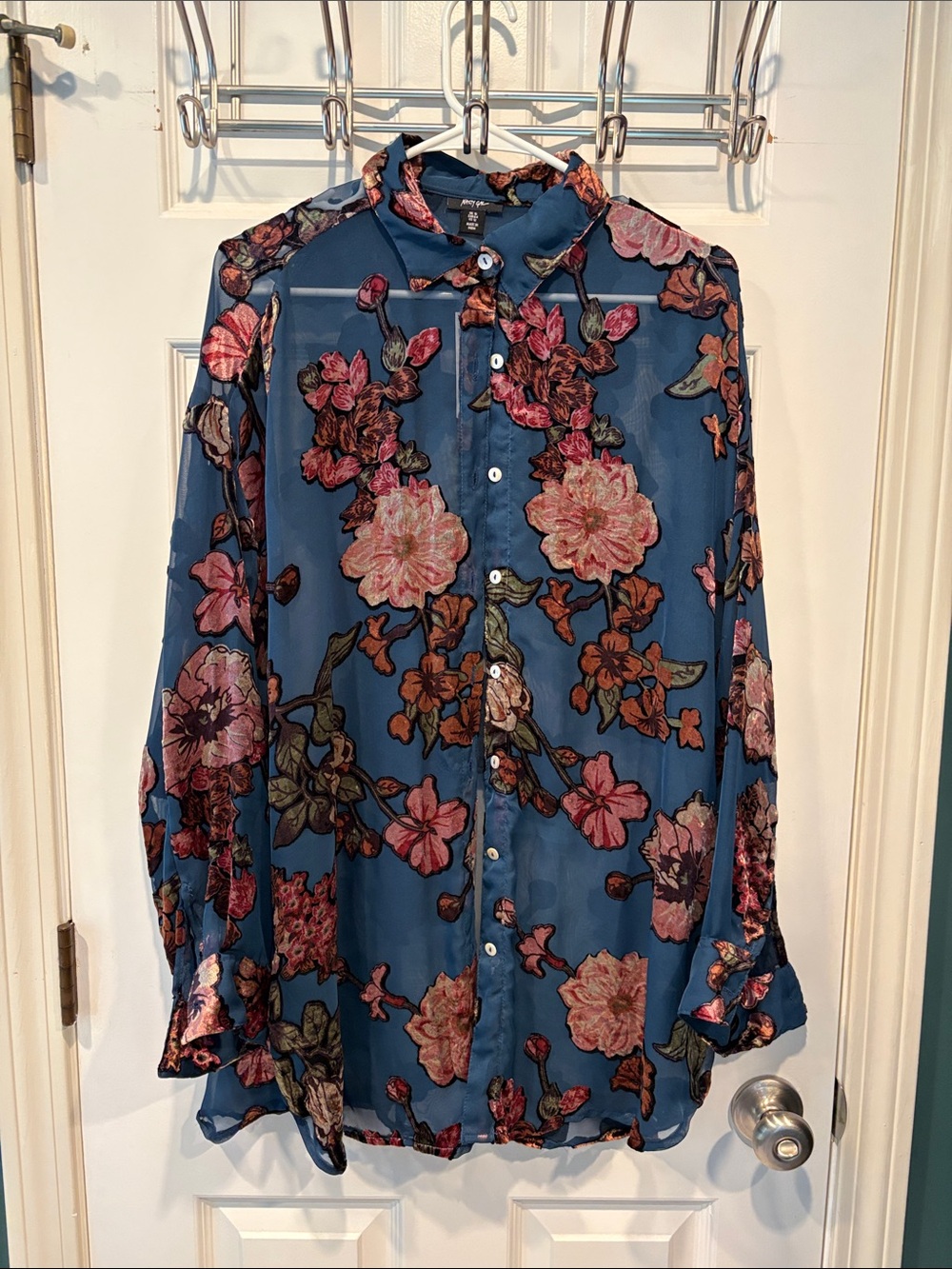 Nasty Gal Blue Floral Button-Down Shirt with Pink & Brown Blooms